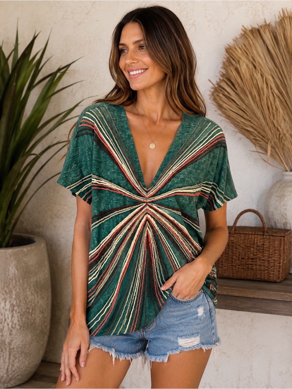 🌿 Oli & Hali Embroidered Boho Oversized Top Green Size Medium